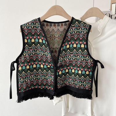 Vintage Bohemian Boho Chic Gypsy Hippie Ibiza Bali Fringes Jacquard Cropped Γιλέκο 2023 Retro Cottage Core Holiday Vacation Top