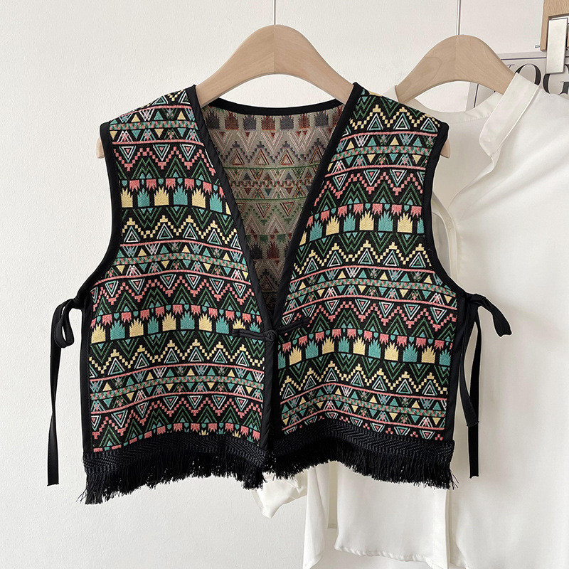 Vintage Bohemian Boho Chic Gypsy Hippie Ibiza Bali Fringes Jacquard Cropped Γιλέκο 2023 Retro Cottage Core Holiday Vacation Top