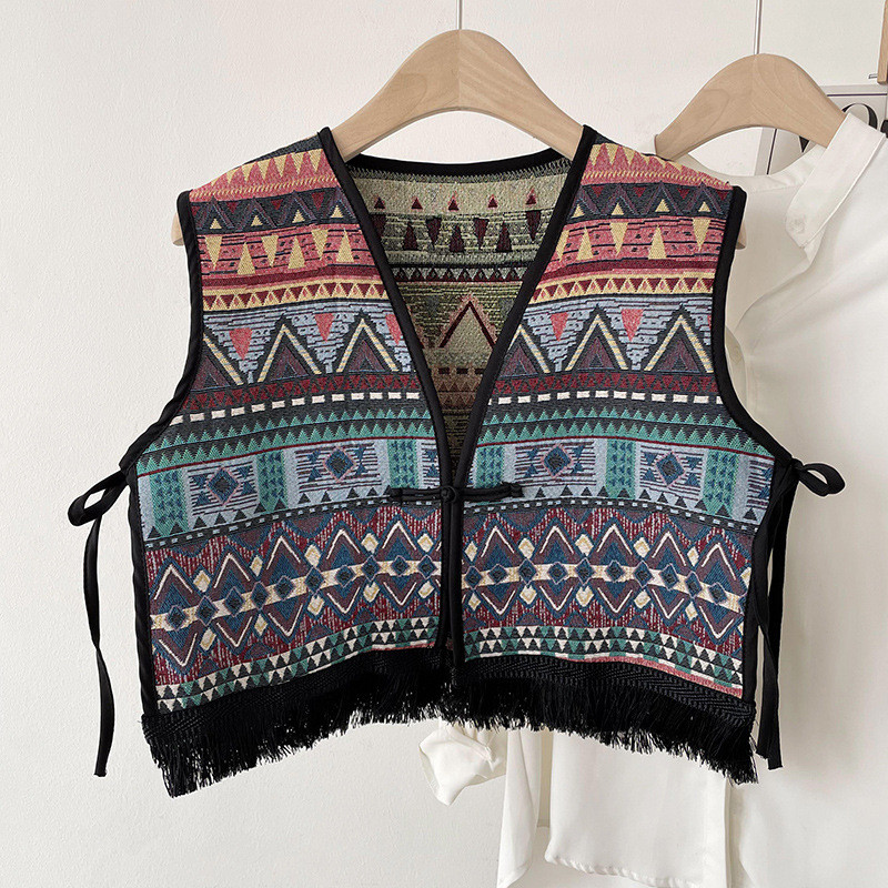 Vintage Bohemian Boho Chic Gypsy Hippie Ibiza Bali Fringes Jacquard Cropped Γιλέκο 2023 Retro Cottage Core Holiday Vacation Top