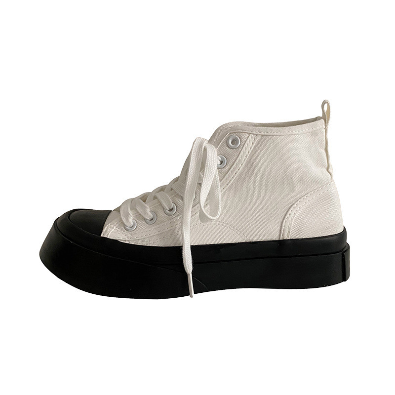 Naiste retromustad pitsilised vabaaja lõuendist kingad Naised hingavad kõrged vulkaniseeritud kingad Harajuku vabaaja tossud naistele