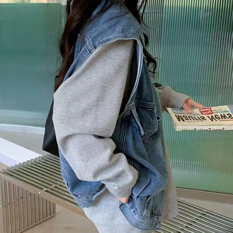Τζιν Γιλέκα Γυναικεία Χαλαρά Harajuku Vintage Casual Unisex Ανοιξιάτικο Ιαπωνικό Στιλ Μπλε All-match Lazy Chic Streetwear Αμάνικα