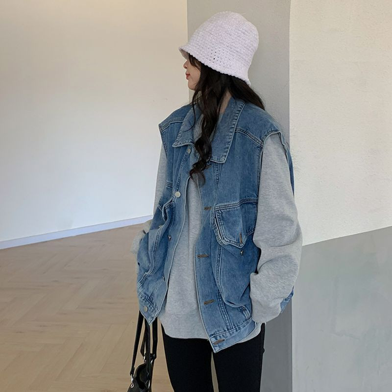 Τζιν Γιλέκα Γυναικεία Χαλαρά Harajuku Vintage Casual Unisex Ανοιξιάτικο Ιαπωνικό Στιλ Μπλε All-match Lazy Chic Streetwear Αμάνικα