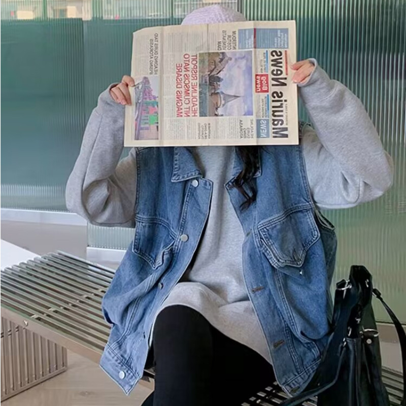 Τζιν Γιλέκα Γυναικεία Χαλαρά Harajuku Vintage Casual Unisex Ανοιξιάτικο Ιαπωνικό Στιλ Μπλε All-match Lazy Chic Streetwear Αμάνικα