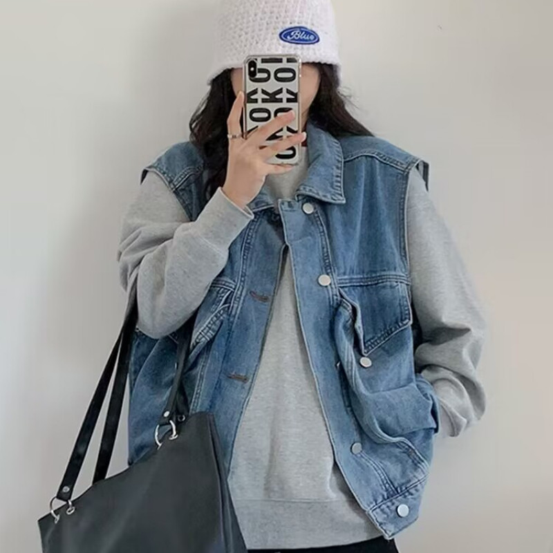 Τζιν Γιλέκα Γυναικεία Χαλαρά Harajuku Vintage Casual Unisex Ανοιξιάτικο Ιαπωνικό Στιλ Μπλε All-match Lazy Chic Streetwear Αμάνικα