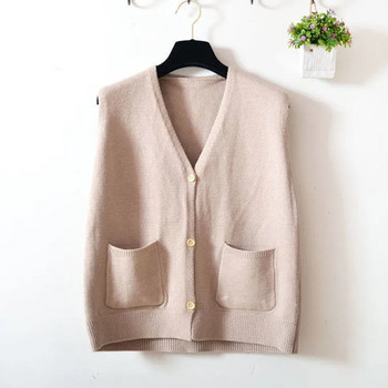 2023 Μασίφ, φαρδύ κοντό παλτό Γυναικείο φθινοπωρινό αμάνικο πλεκτό γιλέκο Γυναικείο κορεάτικο πουλόβερ με τσέπη με λαιμόκοψη V-λαιμόκοψη Εξωτερικά ρούχα ζακέτα
