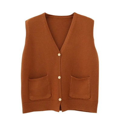 2023 Μασίφ, φαρδύ κοντό παλτό Γυναικείο φθινοπωρινό αμάνικο πλεκτό γιλέκο Γυναικείο κορεάτικο πουλόβερ με τσέπη με λαιμόκοψη V-λαιμόκοψη Εξωτερικά ρούχα ζακέτα