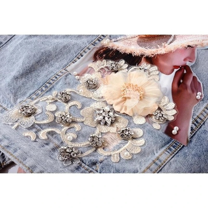 Naiste teemantidega kaetud lilledega teksariidest vest, kärbitud varrukateta Korea mood tänavarõivaste disaineri vest-mantel Trendikas vest