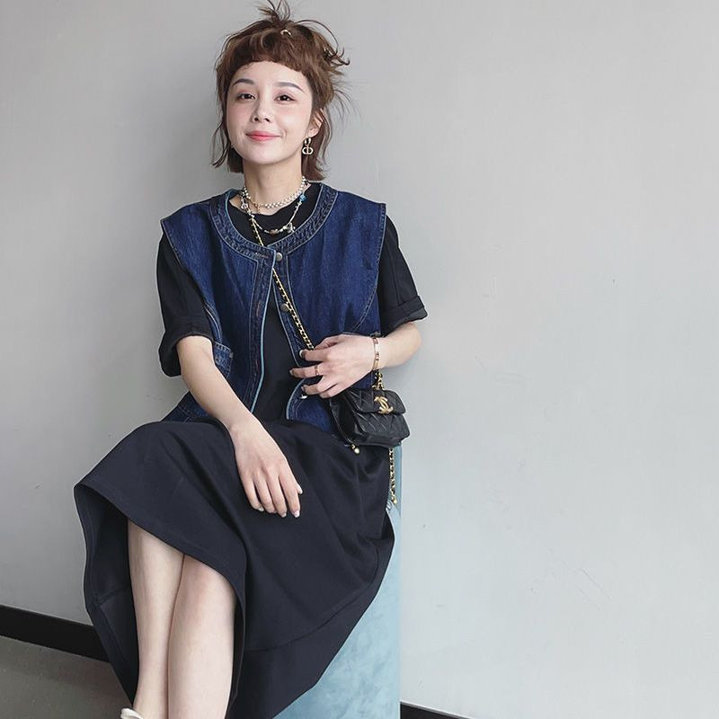 Õhuke teksavest naiste 2023. aasta kevadine ja sügisene uus Korea versioon, moodne vaba vabaaja varrukateta jakk