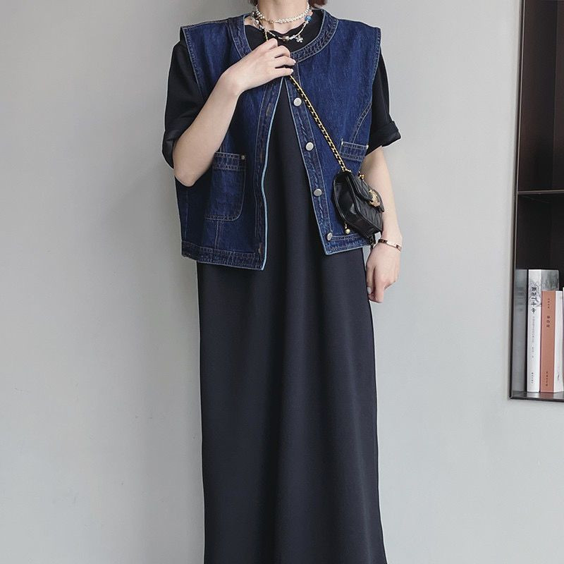 Õhuke teksavest naiste 2023. aasta kevadine ja sügisene uus Korea versioon, moodne vaba vabaaja varrukateta jakk