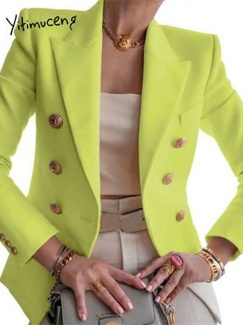 Yitimuceng Elegant Blazer Γυναικεία Μόδα Γραφείου Φθινόπωρο 2023 Κοστούμια με διπλό στήθος με οδοντωτό μακρυμάνικο κοστούμια Slim casual μακριά μπουφάν