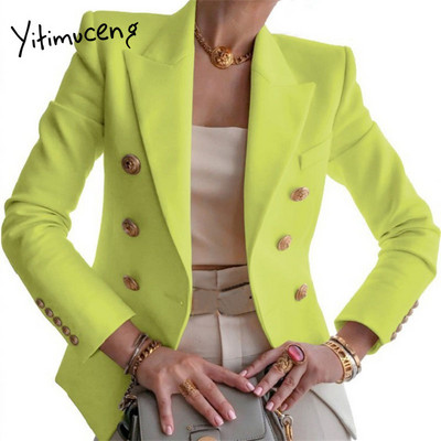 „Yitimuceng“ elegantiškas moteriškas švarkas, 2023 m. rudens biuro mada su įpjovomis ilgomis rankovėmis, kostiumai su dviguba krūtine, ploni laisvalaikio ilgos striukės