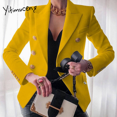 „Yitimuceng“ elegantiškas moteriškas švarkas, 2023 m. rudens biuro mada su įpjovomis ilgomis rankovėmis, kostiumai su dviguba krūtine, ploni laisvalaikio ilgos striukės