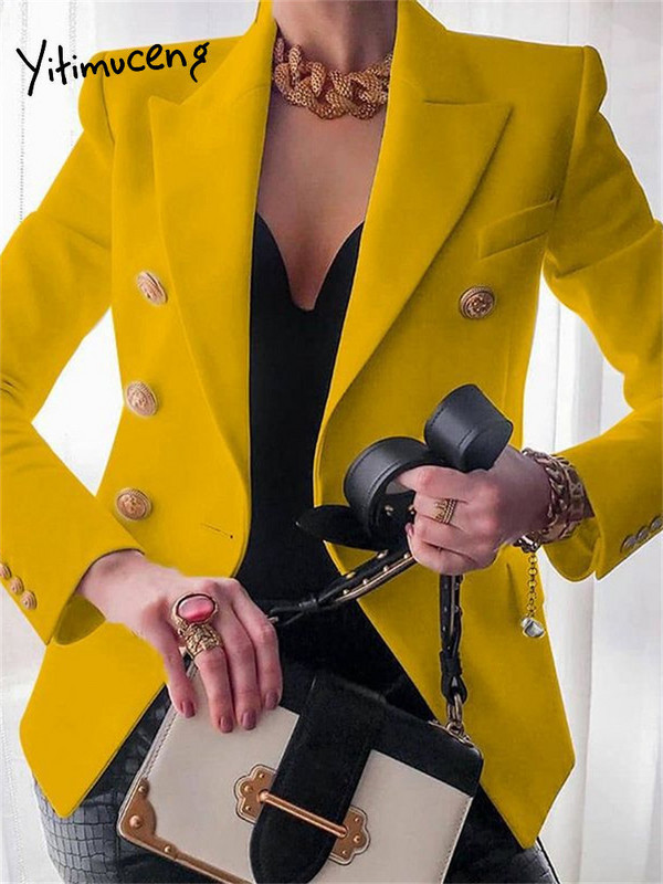„Yitimuceng“ elegantiškas moteriškas švarkas, 2023 m. rudens biuro mada su įpjovomis ilgomis rankovėmis, kostiumai su dviguba krūtine, ploni laisvalaikio ilgos striukės