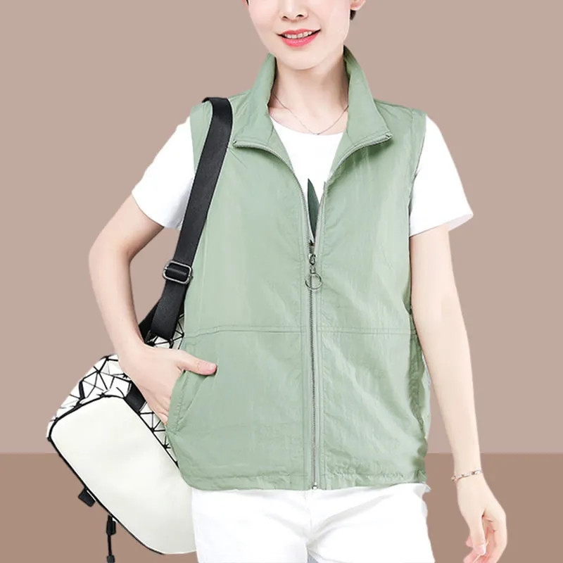 Kevadsuvi õhuke valge vest naiste suures suuruses vabaaja varrukateta jakk kardigan Basic unddown kraega lukuga vest