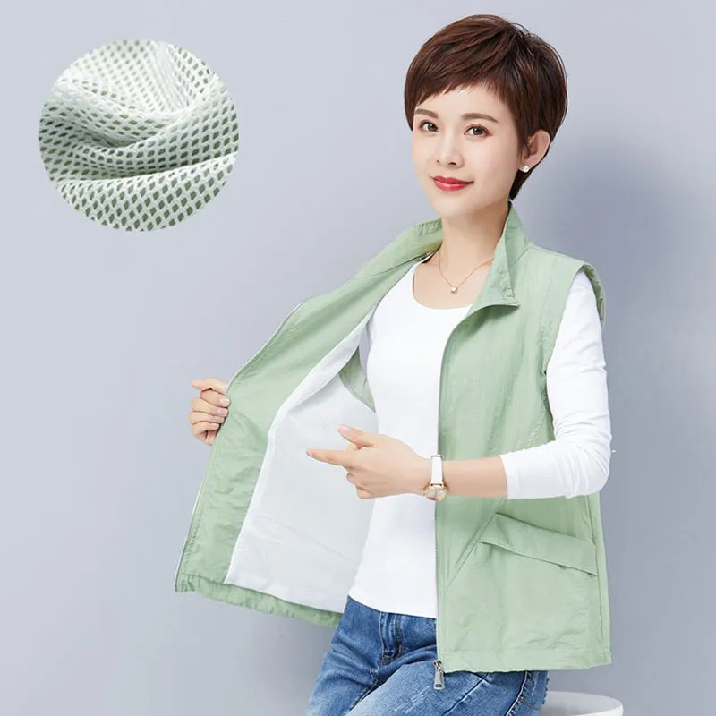 Kevadsuvi õhuke valge vest naiste suures suuruses vabaaja varrukateta jakk kardigan Basic unddown kraega lukuga vest