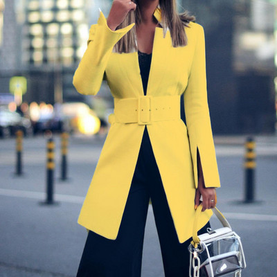 Κομψό Office Lady Blazer Λευκό Γυναικείο Μπουφάν Μόδα Μακρύ Casual Κοστούμι Παλτό Φθινοπωρινό απλό όρθιο γιακά Blazer Μαύρο Κίτρινο
