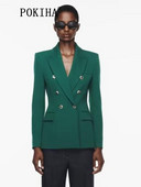 Pokiha mood naiste uus elegantne kaherealine bleisermantel Vintage pikkade varrukatega klapitaskud Naiste pealisrõivad Chic Veste Femme