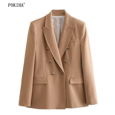 Pokiha mood naiste uus elegantne kaherealine bleisermantel Vintage pikkade varrukatega klapitaskud Naiste pealisrõivad Chic Veste Femme