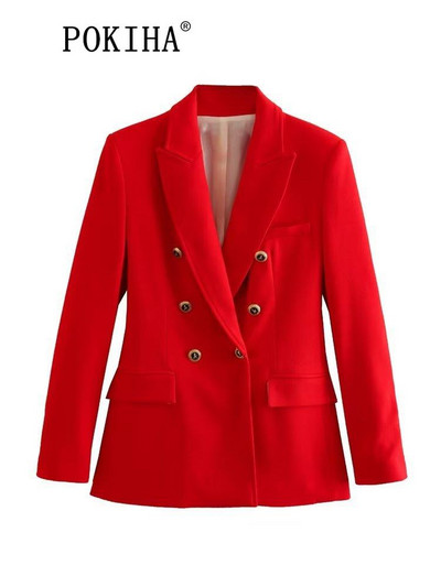 Pokiha mood naiste uus elegantne kaherealine bleisermantel Vintage pikkade varrukatega klapitaskud Naiste pealisrõivad Chic Veste Femme