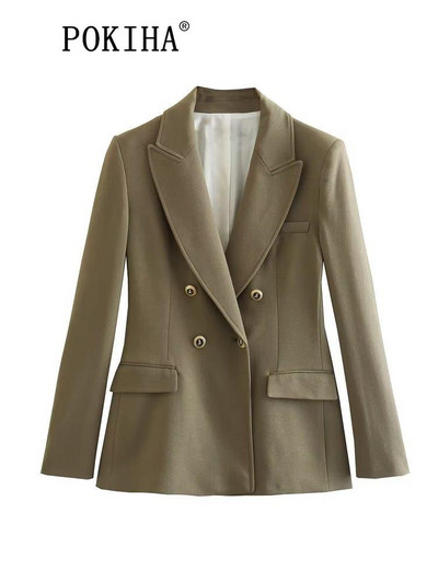 Pokiha mood naiste uus elegantne kaherealine bleisermantel Vintage pikkade varrukatega klapitaskud Naiste pealisrõivad Chic Veste Femme