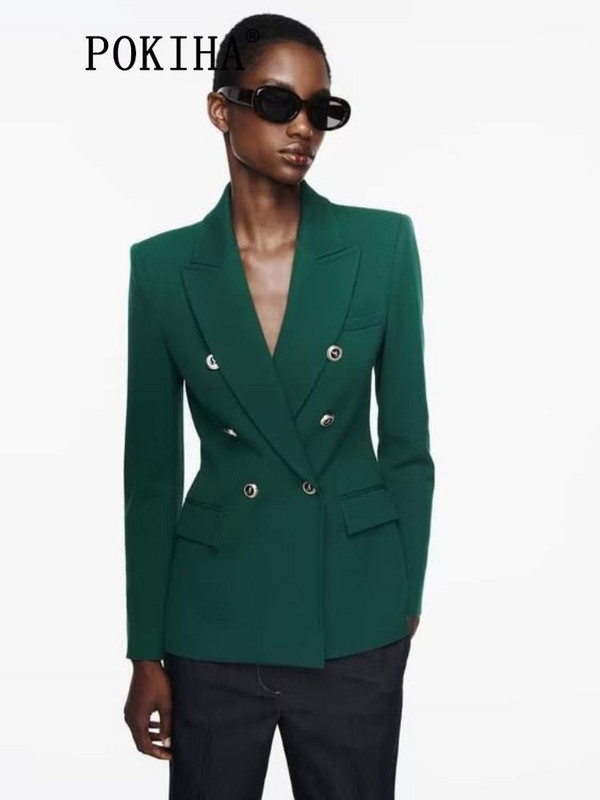 Pokiha mood naiste uus elegantne kaherealine bleisermantel Vintage pikkade varrukatega klapitaskud Naiste pealisrõivad Chic Veste Femme