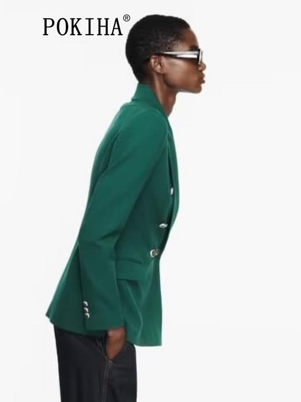 Pokiha mood naiste uus elegantne kaherealine bleisermantel Vintage pikkade varrukatega klapitaskud Naiste pealisrõivad Chic Veste Femme