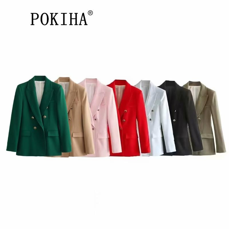 Pokiha mood naiste uus elegantne kaherealine bleisermantel Vintage pikkade varrukatega klapitaskud Naiste pealisrõivad Chic Veste Femme