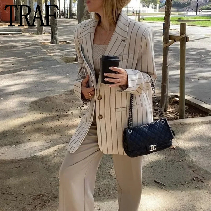 TRAF 2023 triibuline naiste bleiser Elegantne naiste nööbiga bleiser, pikkade varrukatega šikk ja elegantne naiste jope, uus mantlitega