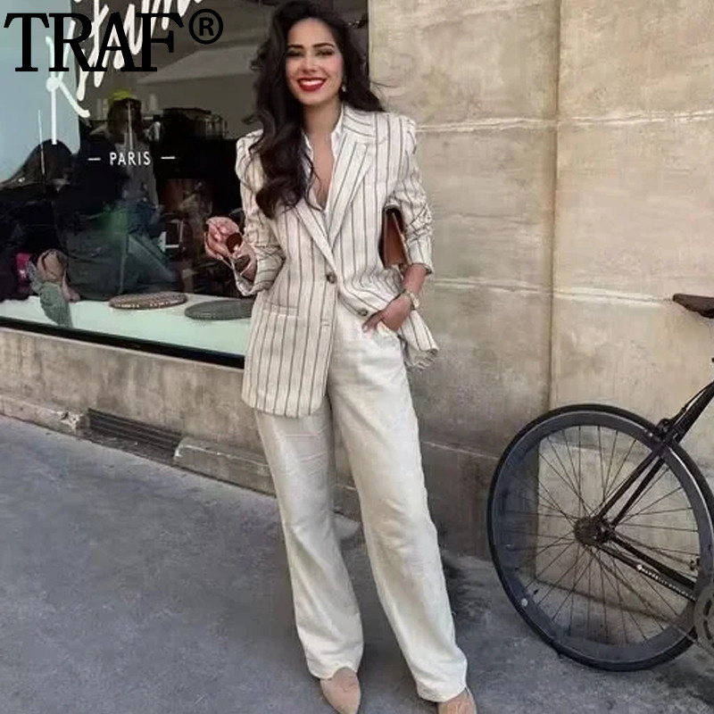 TRAF 2023 triibuline naiste bleiser Elegantne naiste nööbiga bleiser, pikkade varrukatega šikk ja elegantne naiste jope, uus mantlitega