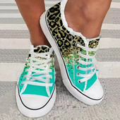 Moteriški, žaliai leopardo raštais marginti sportbačiai, suvarstomi drobiniai plokščiapadžiai, studentiški laisvalaikio sportiniai bėgimo batai moterims, vulkanizuoti batai