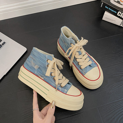 Vaba aeg super tulisinised kõrge ülaosaga paksu tallaga lõuendist kingad naiste 2023 uued suvised retro plahvatuskingad.