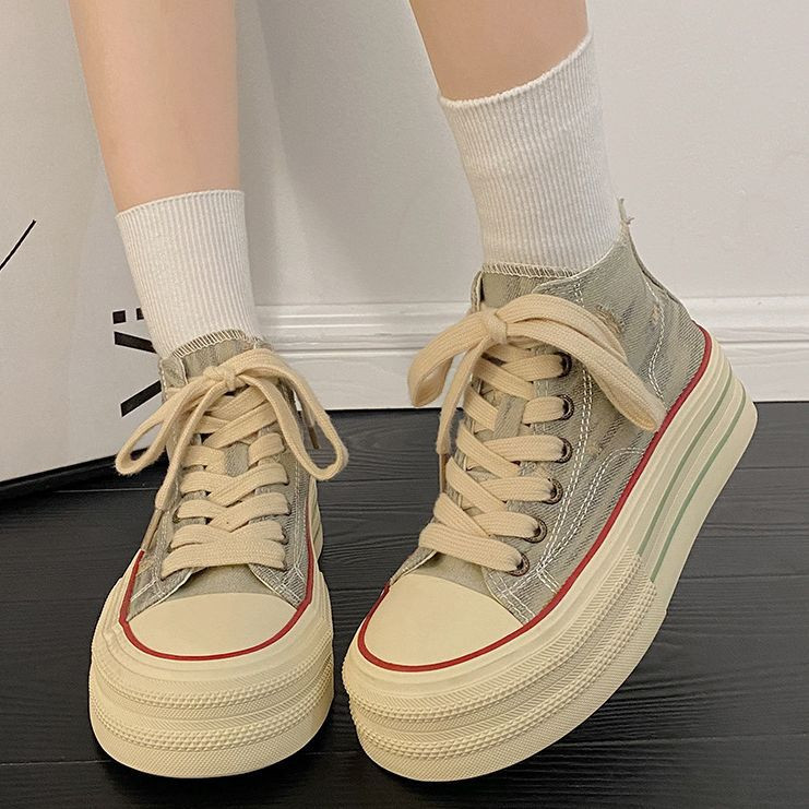 Vaba aeg super tulisinised kõrge ülaosaga paksu tallaga lõuendist kingad naiste 2023 uued suvised retro plahvatuskingad.