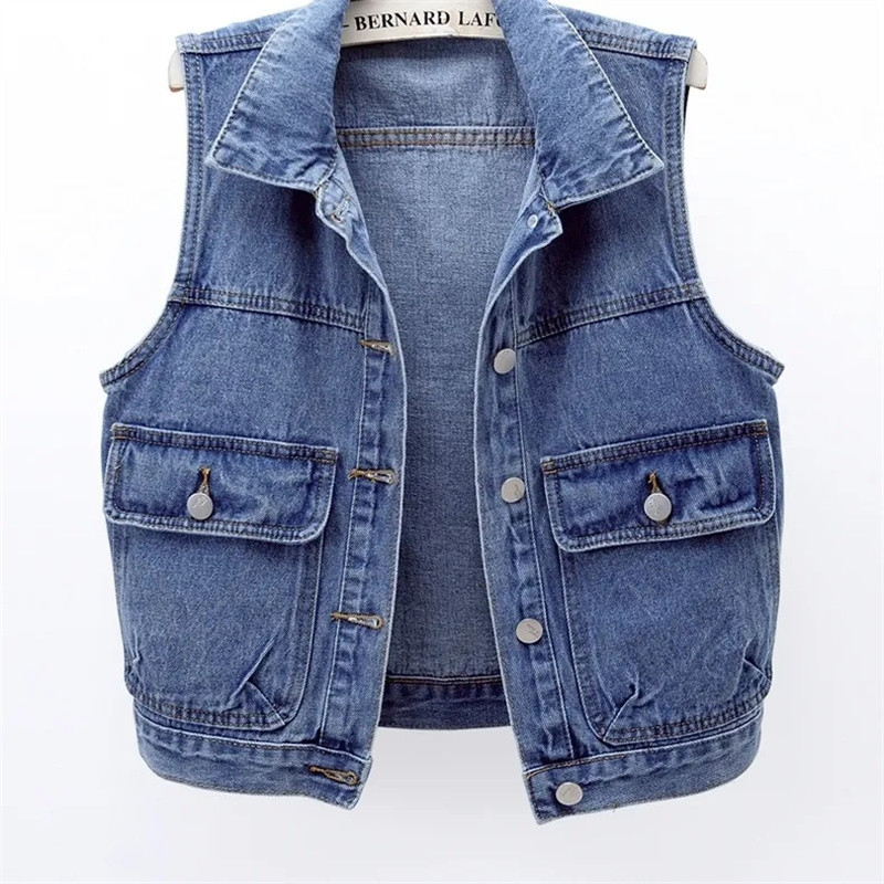 2023. aasta kevadsügis, uus teksavest naiste lühike, taskuga varrukateta jakkvest õhuke naiste vestiga ülerõivad