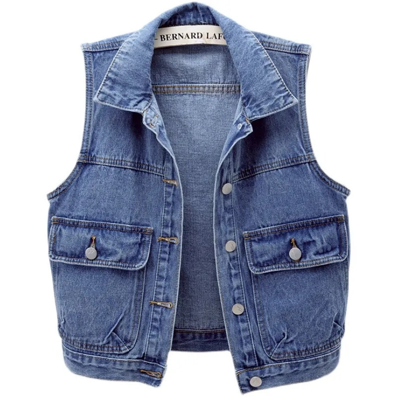 2023. aasta kevadsügis, uus teksavest naiste lühike, taskuga varrukateta jakkvest õhuke naiste vestiga ülerõivad