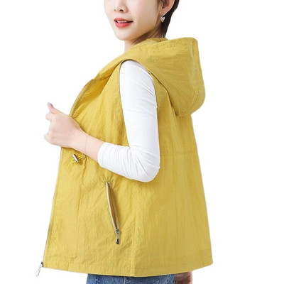 2023 Νέο Ανοιξιάτικο Καλοκαιρινό Μπουφάν Γυναικείο Λεπτό Κοντό Γιλέκο Γυναικεία Γιλέκα Γιλέκο Πανωφόρι Κορεάτικα χαλαρά μπλουζάκια με κουκούλα