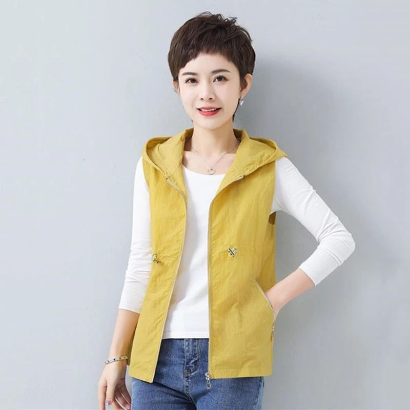 2023 Νέο Ανοιξιάτικο Καλοκαιρινό Μπουφάν Γυναικείο Λεπτό Κοντό Γιλέκο Γυναικεία Γιλέκα Γιλέκο Πανωφόρι Κορεάτικα χαλαρά μπλουζάκια με κουκούλα