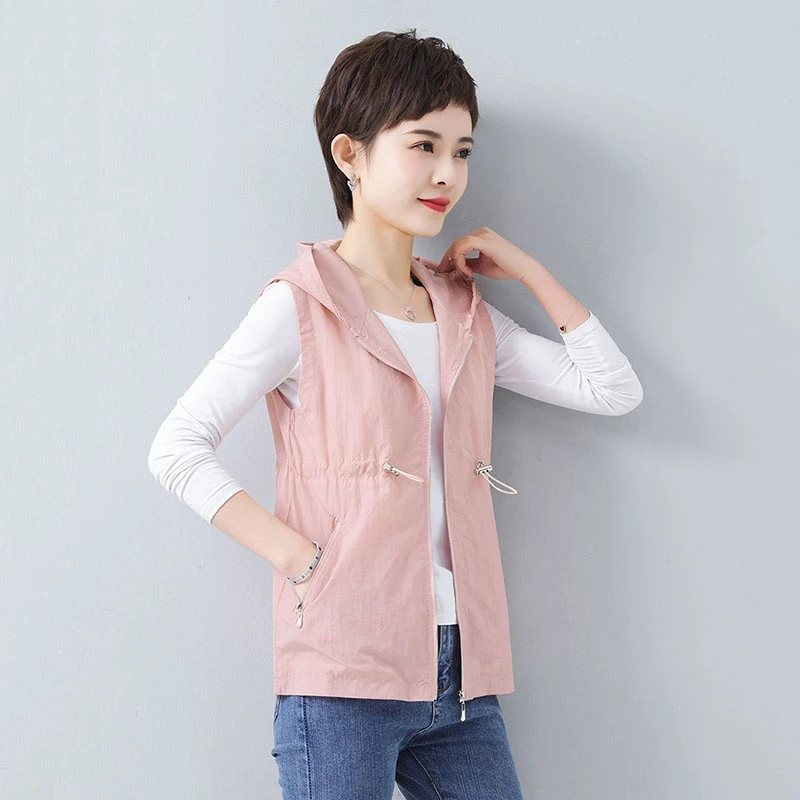 2023 Νέο Ανοιξιάτικο Καλοκαιρινό Μπουφάν Γυναικείο Λεπτό Κοντό Γιλέκο Γυναικεία Γιλέκα Γιλέκο Πανωφόρι Κορεάτικα χαλαρά μπλουζάκια με κουκούλα