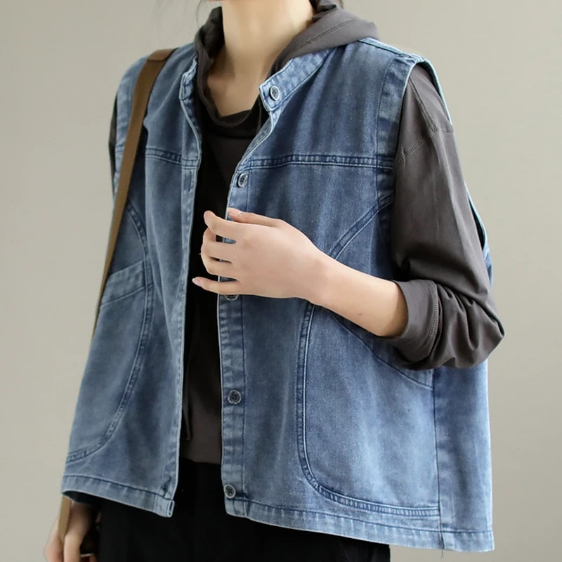 Prsluk Ženski jednoredni jednoredni modni šik ulična odjeća 2023. Proljeće Denim Labave ležerne traperice bez rukava Prsluci Ženska odjeća
