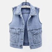 Naiste teksavest 2023. aasta kevad-sügistriibuline jakk, lühike teksavest, vabaaja topid, varrukateta ülerõivad