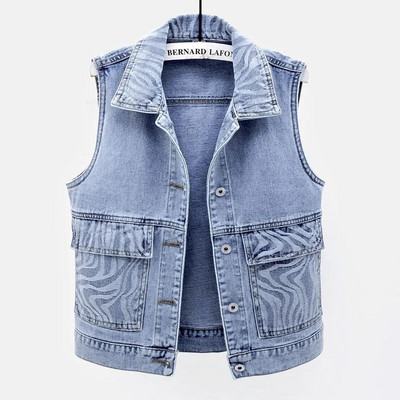 Naiste teksavest 2023. aasta kevad-sügistriibuline jakk, lühike teksavest, vabaaja topid, varrukateta ülerõivad