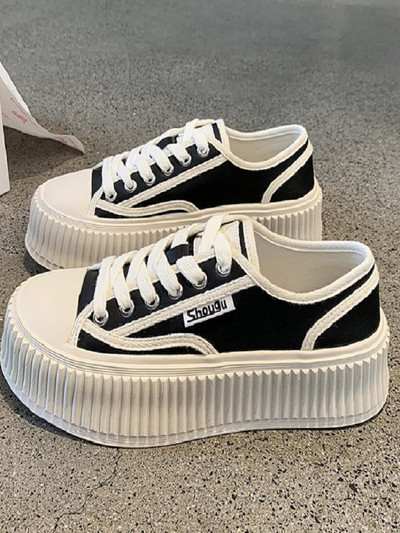 Μεγάλο μέγεθος ψηλά παπούτσια από καμβά γυναικεία παπούτσια βουλκανισμένα παπούτσια casual παπούτσια με χοντρό σόλα 2022 Κορεάτικη έκδοση με κορδόνια που αναπνέουν