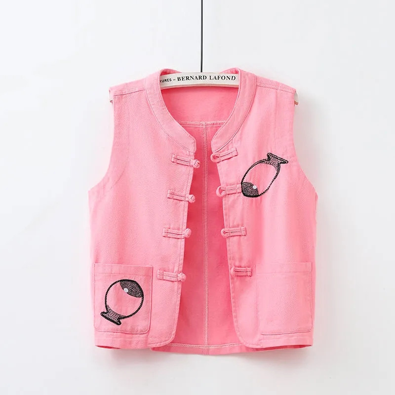 Stretch τζιν γιλέκο Γυναικείο κοντό 2023 Άνοιξη φθινόπωρο φθινοπωρινό λεπτό γιλέκο σακάκι Ροζ κόκκινο μπλε αμάνικο γυναικείο