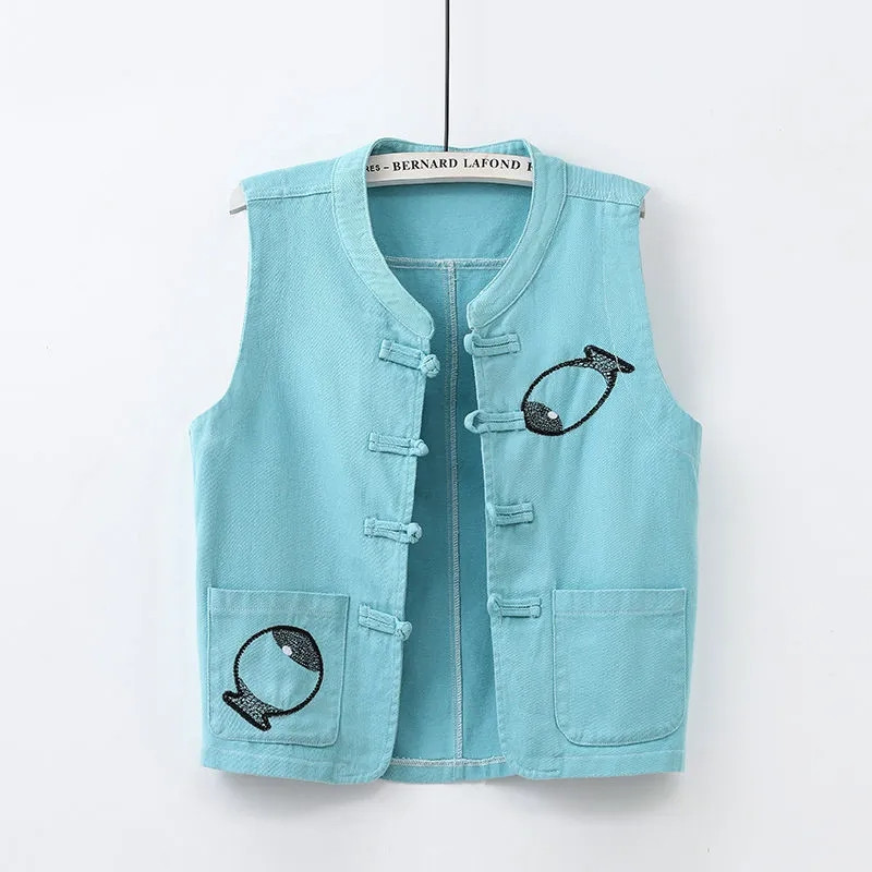 Stretch τζιν γιλέκο Γυναικείο κοντό 2023 Άνοιξη φθινόπωρο φθινοπωρινό λεπτό γιλέκο σακάκι Ροζ κόκκινο μπλε αμάνικο γυναικείο