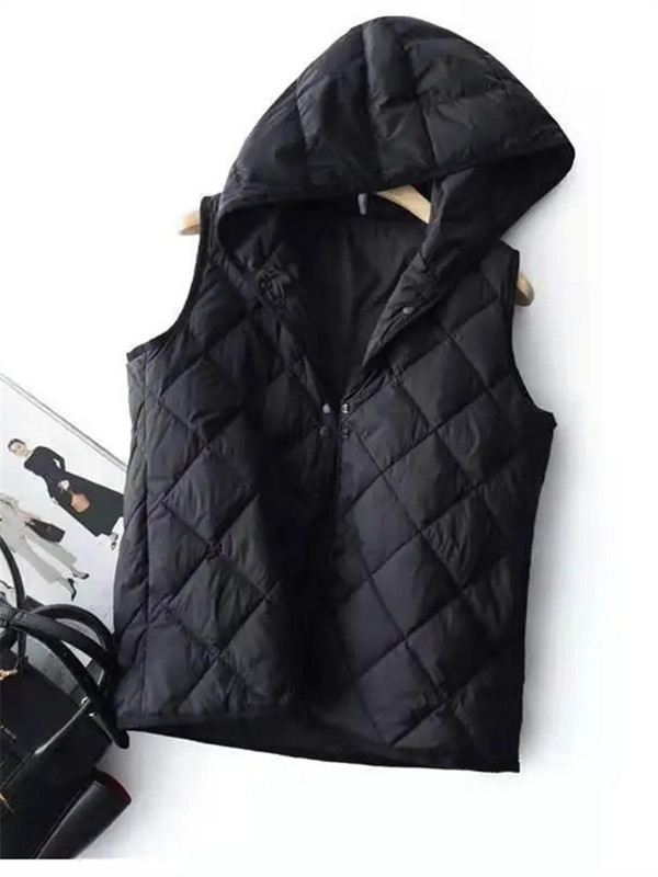 2023. Novi, proljetno-jesenski, lagani ženski prsluk veće veličine, prošiveni prsluci s jednim kopčanjem i džepnim kapuljačom Ženske crne majice