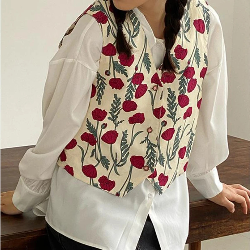 Vintage mellény Női virágmintás Vágott felsőruházat Harajuku Retro V nyakú alkalmi kardigán Utcai ruházat Édes mellény felsők Új