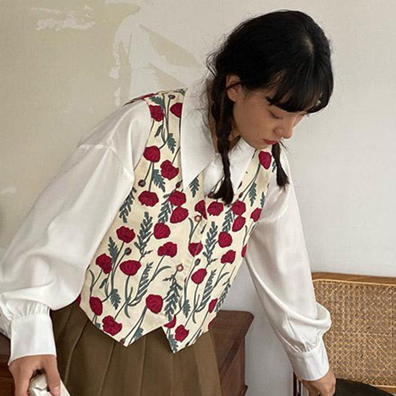 Vintage mellény Női virágmintás Vágott felsőruházat Harajuku Retro V nyakú alkalmi kardigán Utcai ruházat Édes mellény felsők Új