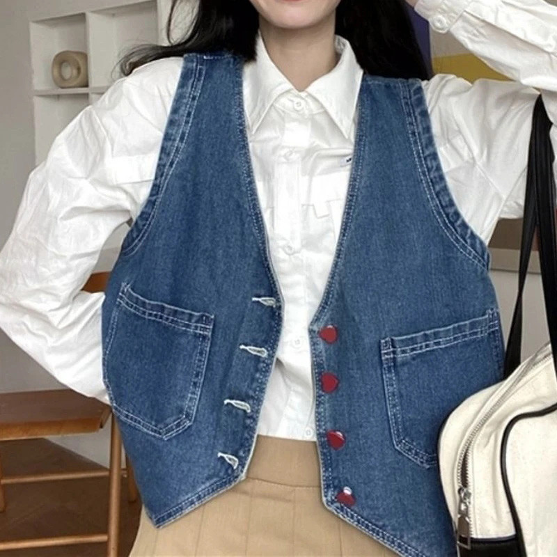 MEXZT Vintažinės džinsinės liemenės Moteriški gatvės drabužiai Džinsai Liemenės Korėjos Harajuku Preppy Berankovės Crop Tanks Kasdieniai viršutiniai drabužiai Viršutiniai Nauji