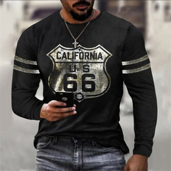 2022 Мъжки тениски с дълъг ръкав 3D принт Топ Ежедневна памучна ретро тениска Vintage Route 66 Tee Свободно спортно облекло с О-образно деколте 5xl