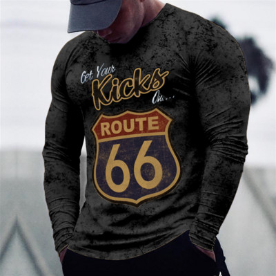 2022 Meeste T-särgid Pikkade varrukatega 3d Print Top Casual Cotton Vintage T-särk Vintage Route 66 Tee lahtised spordirõivad O-kaelusega 5xl