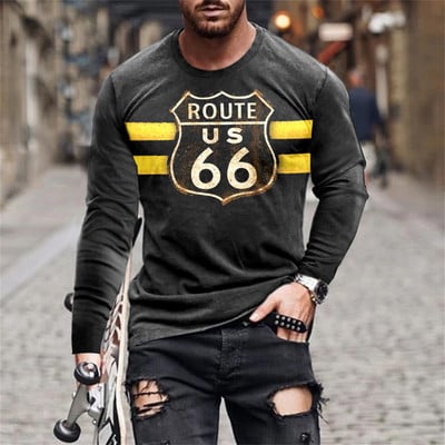 2022 Meeste T-särgid Pikkade varrukatega 3d Print Top Casual Cotton Vintage T-särk Vintage Route 66 Tee lahtised spordirõivad O-kaelusega 5xl